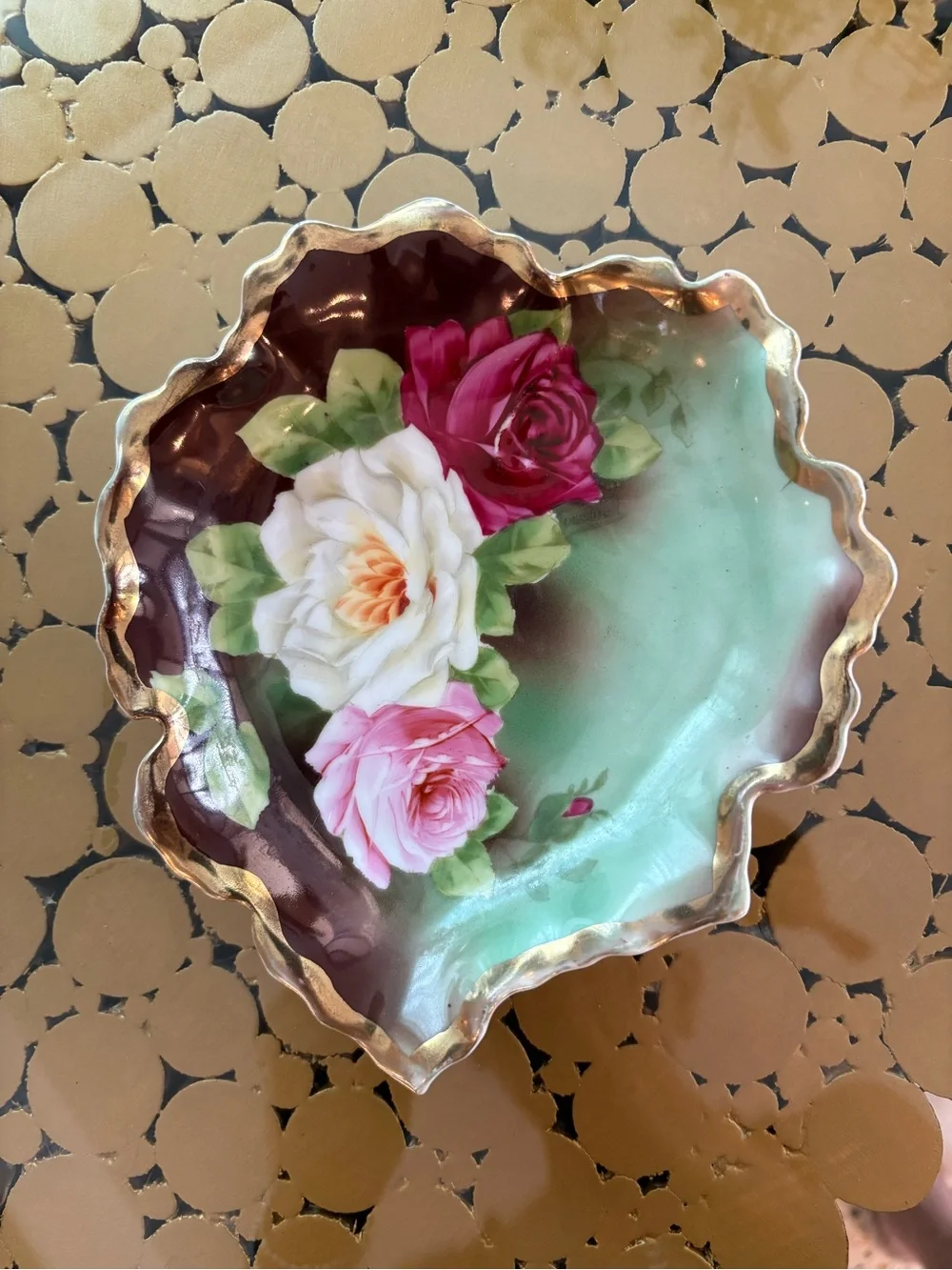 VINTAGE Hand Painted Dish! Leaf shape with Roses & Gold trim.